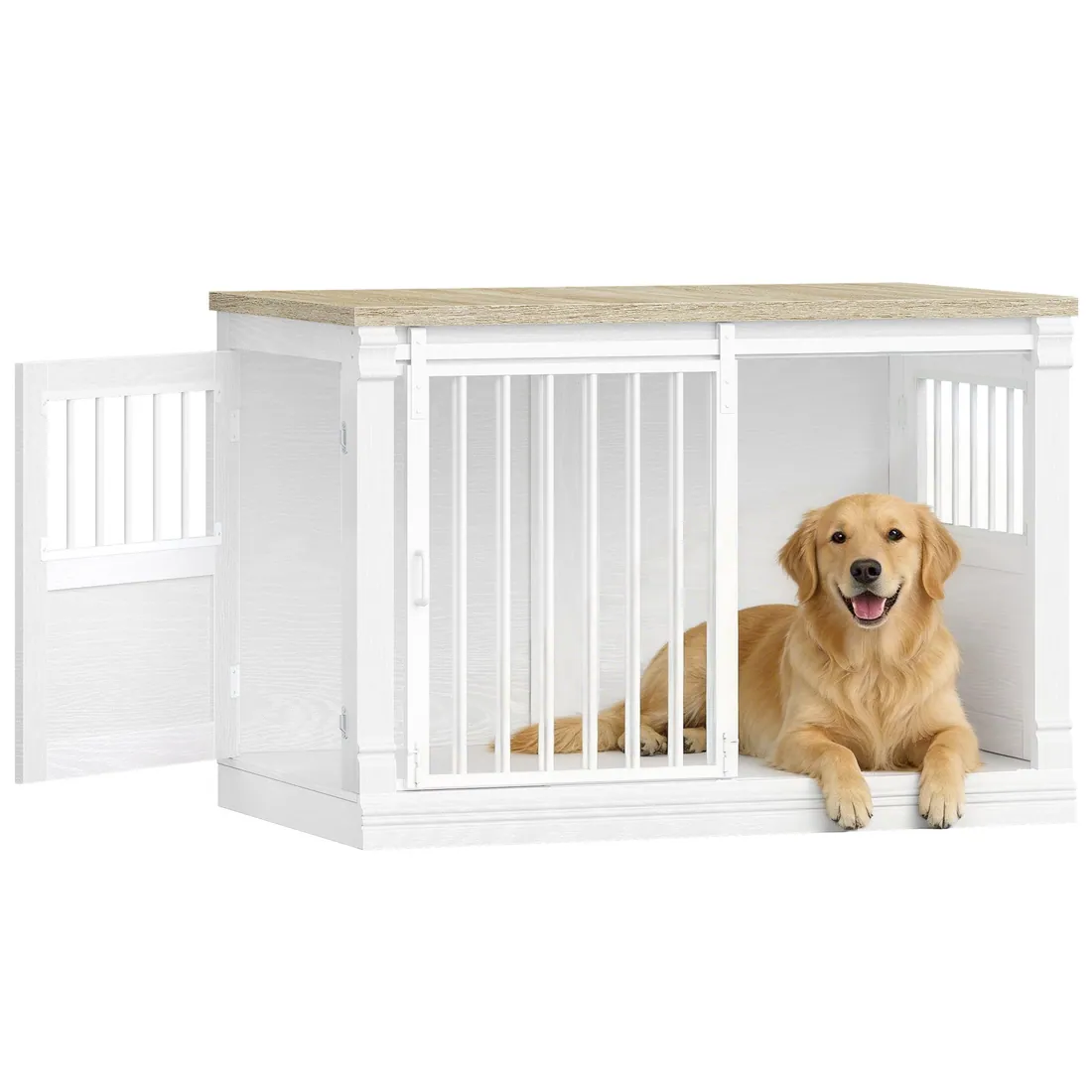 A golden retriever lying inside a Hzuaneri crate cabinet