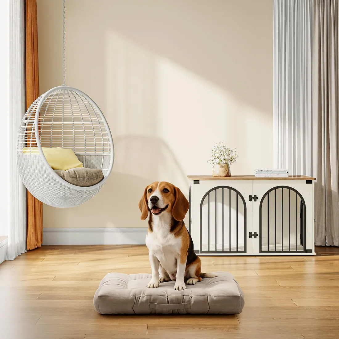 A dog sitting beside a Hzuaneri crate cabinet
