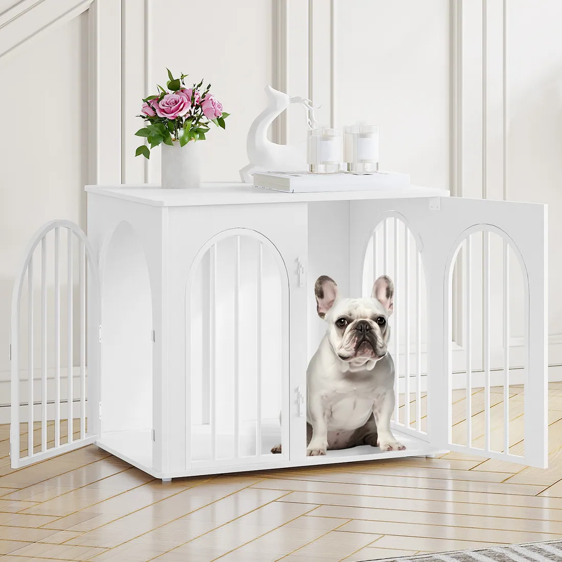 A Hzuaneri crate cabinet with a dog resting inside it